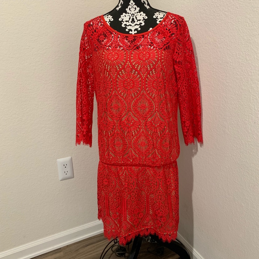 David Lerner red laced dress